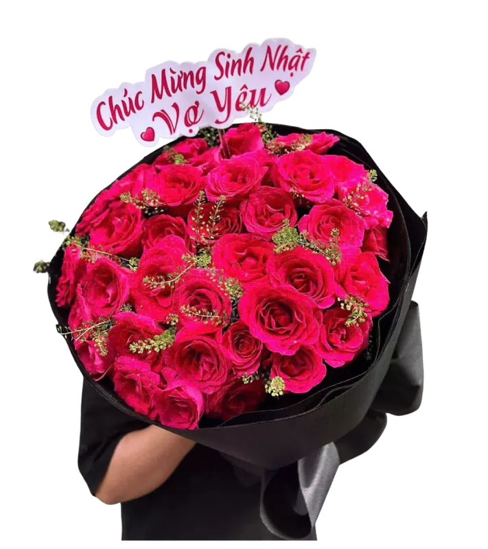 Bó Hoa Hồng Đỏ Đậm Gói Đen
