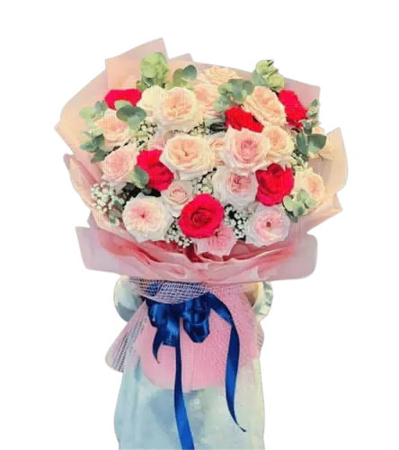 Bó Hoa Hồng Đỏ Kem Nơ Xanh