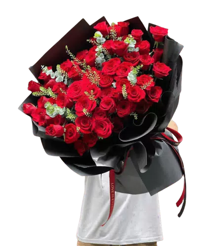 Bó Hoa Hồng Đỏ Phối Hoa Trắng