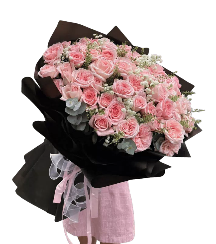 Bó Hoa Hồng Phấn Cỡ Lớn Gói Đen