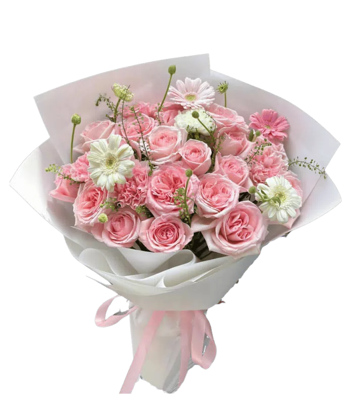 Bó Hoa Hồng Phấn Phối Cúc Trắng