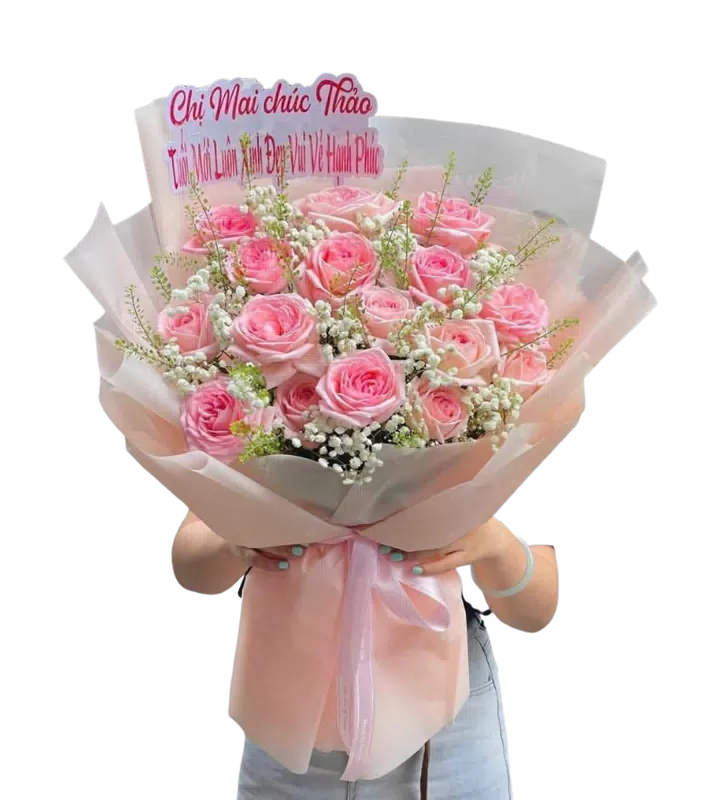 Bó Hoa Hồng Phấn Viền Baby Trắng