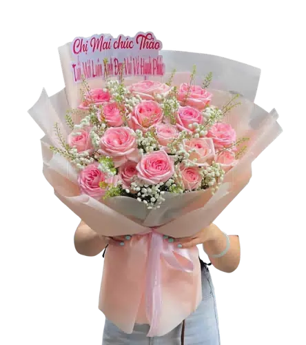 Bó Hoa Hồng Phấn Viền Baby Trắng