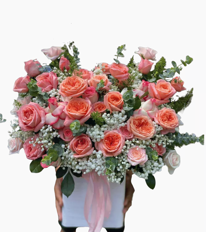 Giỏ Hoa Hồng Cam Phấn Thanh Lịch