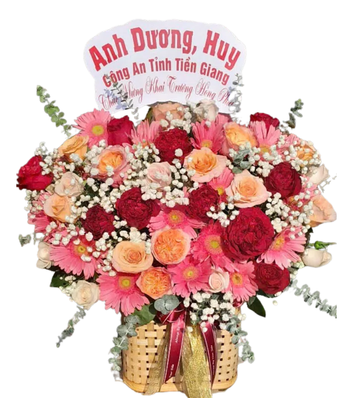 Giỏ Hoa Hồng Cam Phối Đồng Tiền