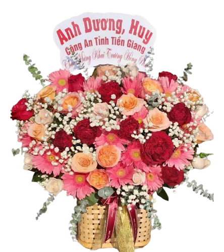 Giỏ Hoa Hồng Cam Phối Đồng Tiền