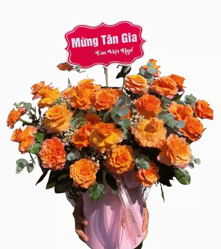 Giỏ Hoa Hồng Cam Phối Hoa Cùng Tông
