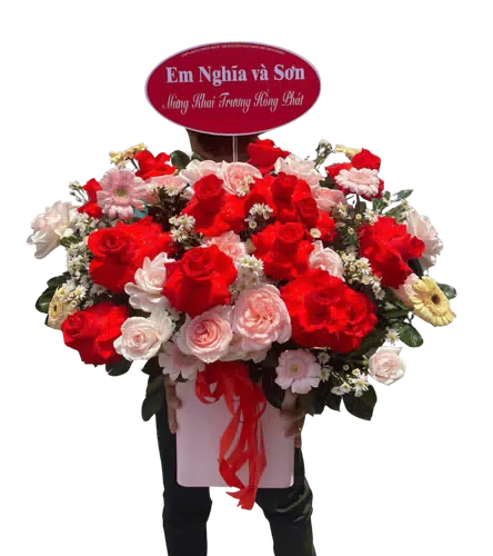 Giỏ Hoa Hồng Đỏ Phấn Nơ Đỏ