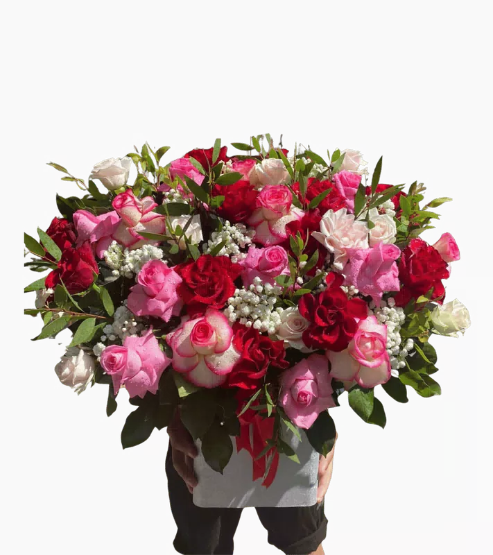 Giỏ Hoa Hồng Hồng Phối Lan Tím