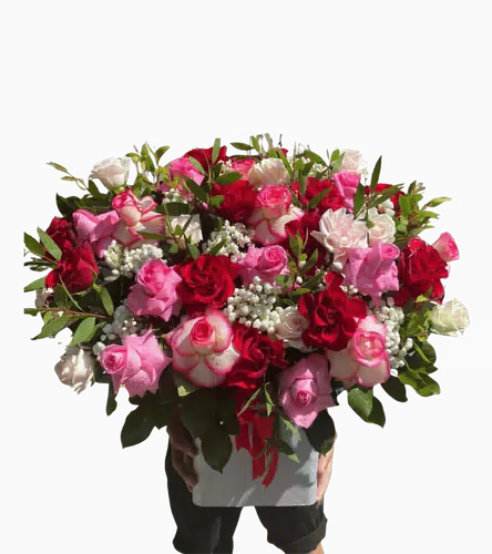 Giỏ Hoa Hồng Hồng Phối Lan Tím