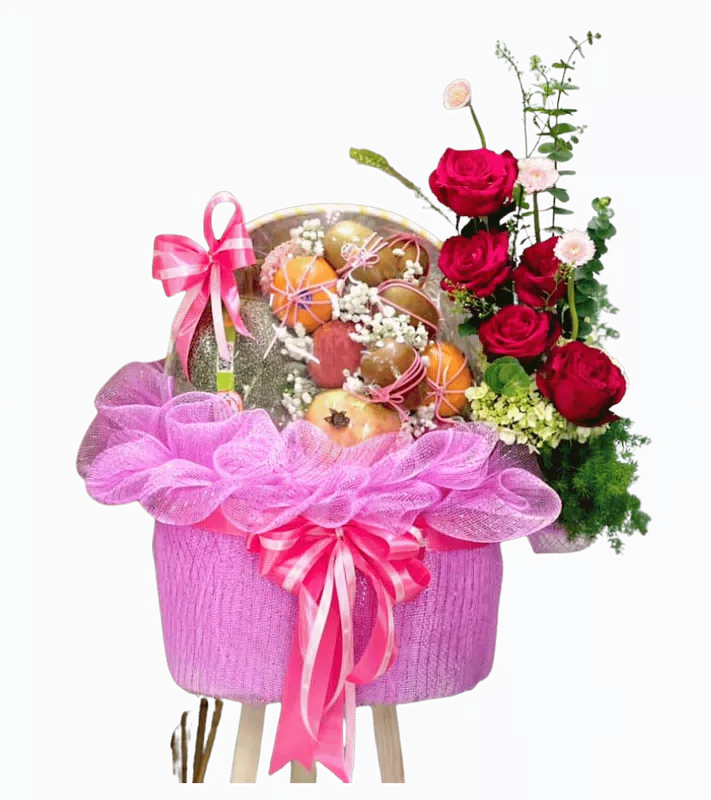 Giỏ Trái Cây Phối Hồng Đỏ Nơ Hồng