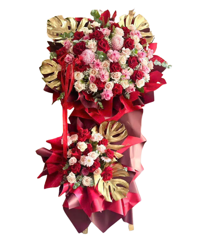 Kệ Hoa Khai Trương Đỏ Hồng Ánh Vàng Hai Tầng