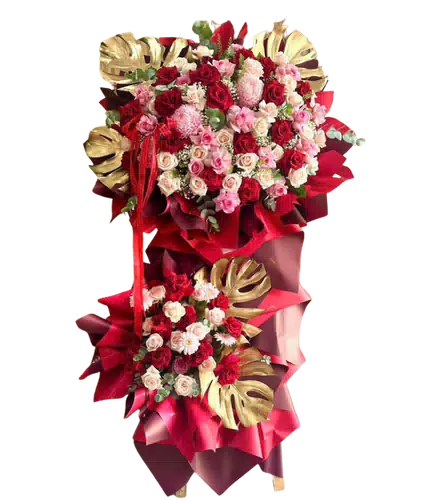 Kệ Hoa Khai Trương Đỏ Hồng Ánh Vàng Hai Tầng