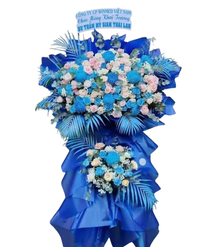 Kệ Hoa Khai Trương Xanh Dương Hai Tầng